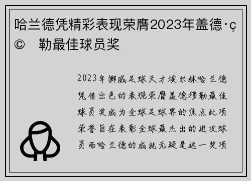 哈兰德凭精彩表现荣膺2023年盖德·穆勒最佳球员奖 哈兰德凭精彩表现荣膺2023年盖德·穆勒最佳球员奖