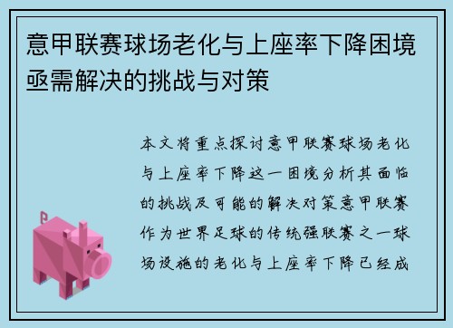 意甲联赛球场老化与上座率下降困境亟需解决的挑战与对策